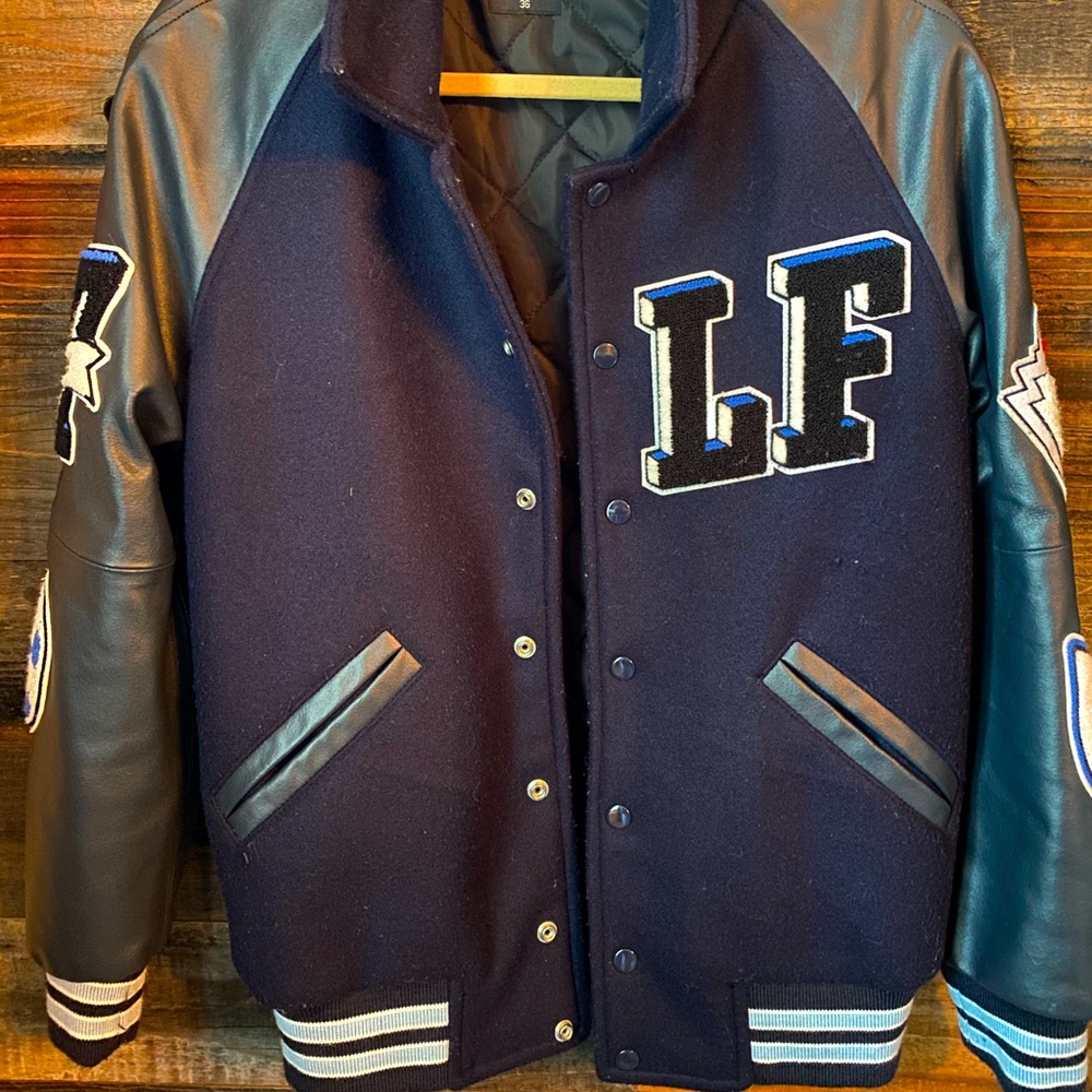 Navy Blue Base w Gray Leather sleeves LF Letterman Jacket